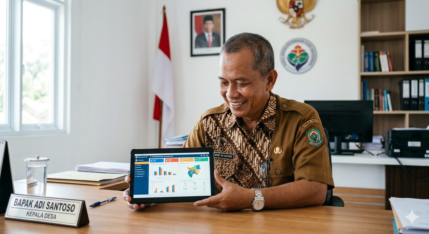 Transformasi Digital 4.0 A dedicated village head in Indonesia smiling while looking at a tablet showing data dashboard, sitting in a neat modern village office, bright daylight, photorealistic, depth of field.8mwpwi8mwpwi8mwp
